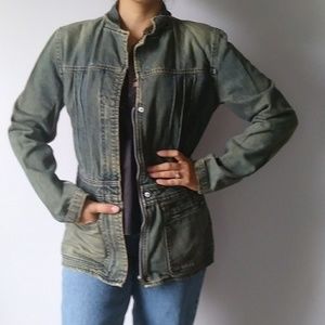 🧥 CALVIN KLEIN JEANS distressed pintuck denim jacket with pockets, small — VGUC